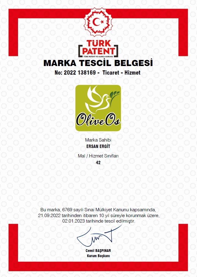 OliveOS Marka Tescil Belgesi — Türk Patent ve Marka Kurumu No: 2022 138169